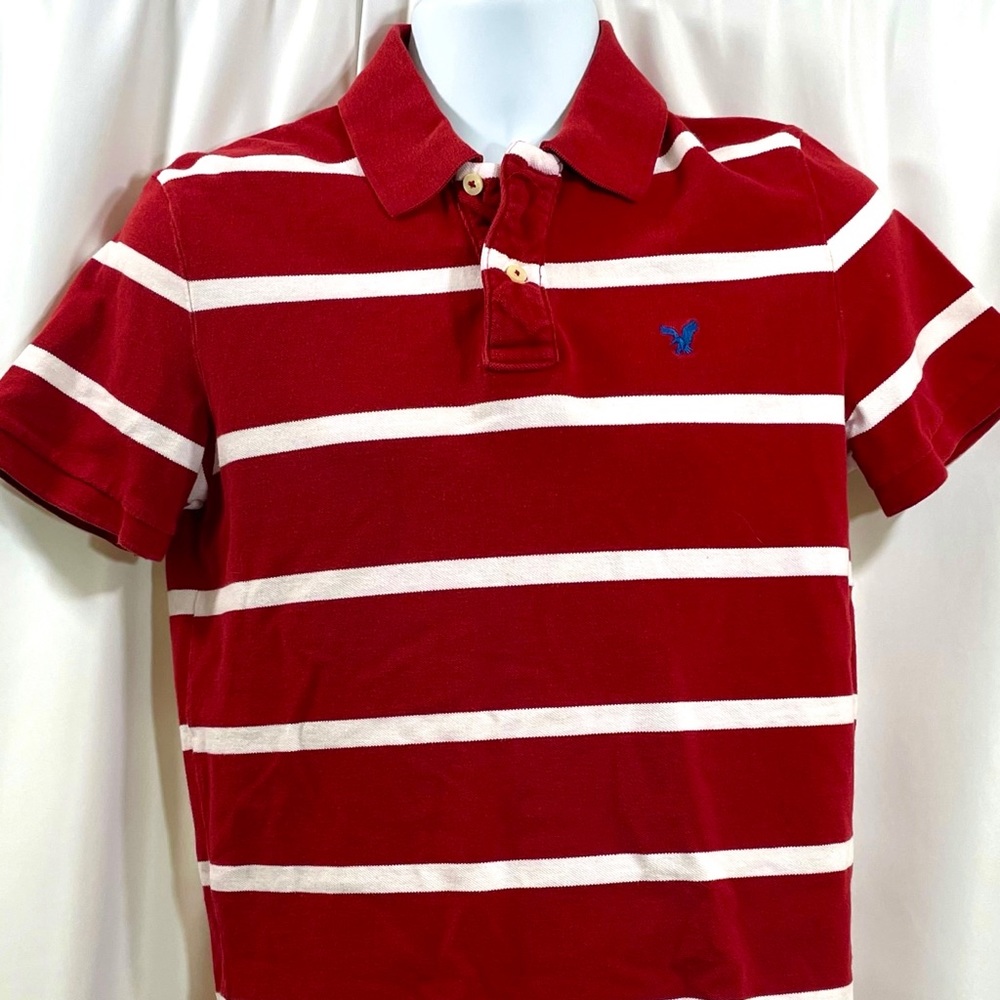 American Eagle Red Striped Polo Shirt Medium